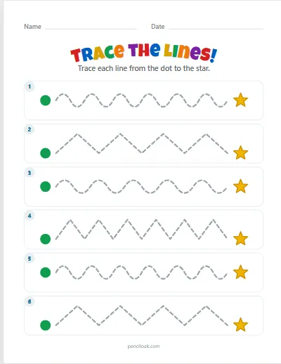 Tracing lines · Zigzags and waves · 6 rows worksheet