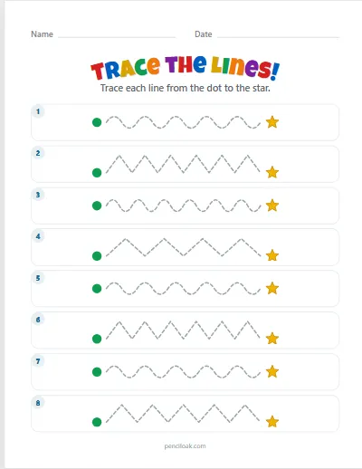 Tracing lines · Zigzags and waves · 8 rows worksheet