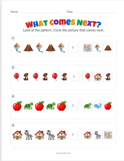 What comes next · AB patterns · 4 questions worksheet