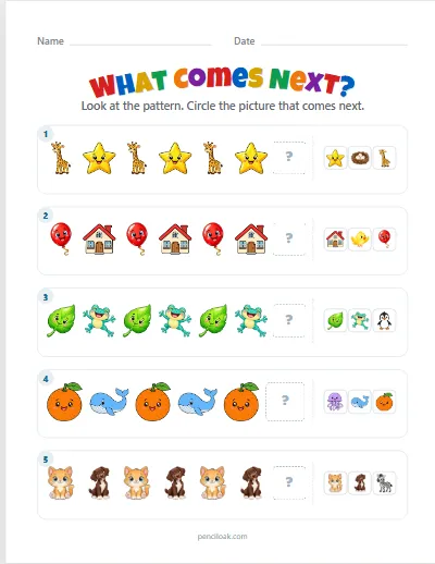 What comes next · AB patterns · 5 questions · set 2 worksheet