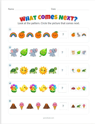 Patterns worksheet: a row of pictures in a pattern and three choices for what comes next