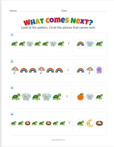 What comes next · AB, AAB, ABB · 4 questions worksheet