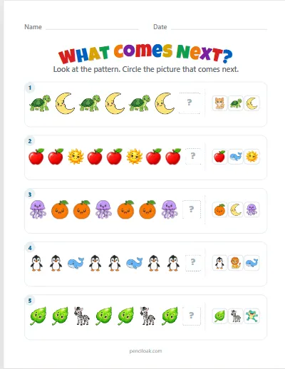 What comes next · AB, AAB, ABB · 5 questions · set 2 worksheet