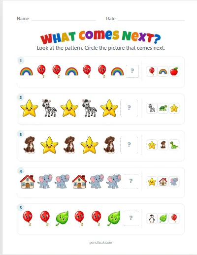 What comes next · AB, AAB, ABB · 5 questions worksheet