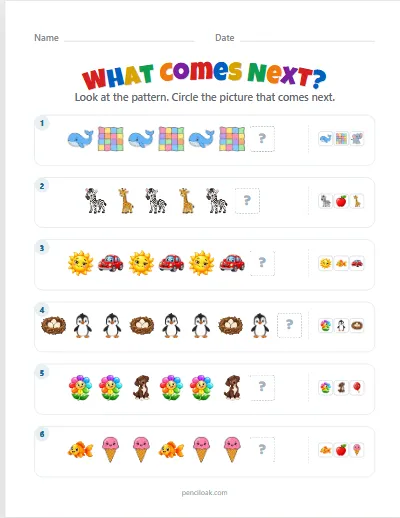 What comes next · AB, AAB, ABB · 6 questions worksheet