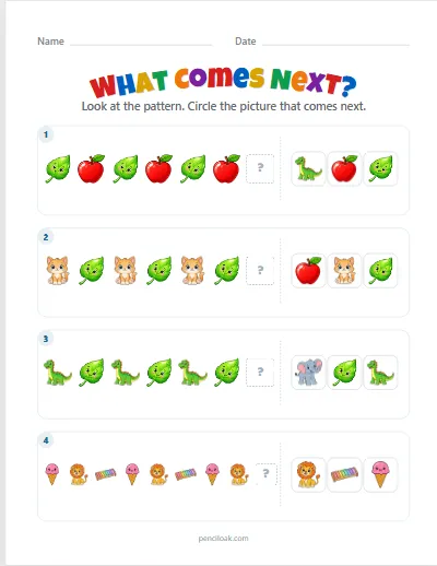 What comes next · All patterns · 4 questions worksheet
