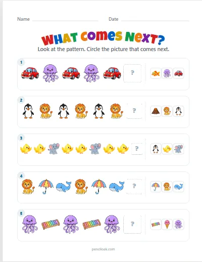 What comes next · All patterns · 5 questions · set 2 worksheet