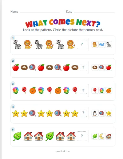 What comes next · All patterns · 5 questions worksheet