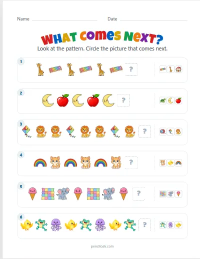 What comes next · All patterns · 6 questions worksheet