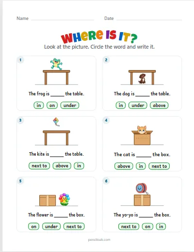 Where is it · 5 words · 6 pictures worksheet
