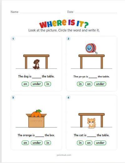 Where is it · In, on, under · 4 pictures · set 2 worksheet