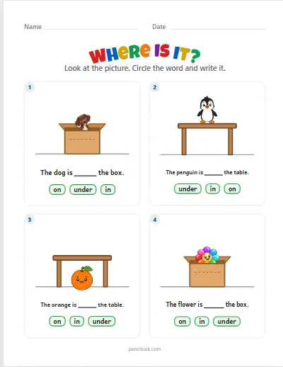 Where is it · In, on, under · 4 pictures worksheet