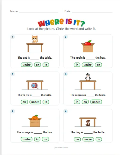 Where is it · In, on, under · 6 pictures · set 4 worksheet