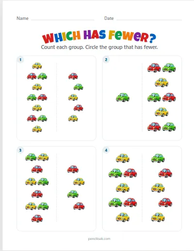 Which has fewer · To 10 · Cars · 4 questions worksheet