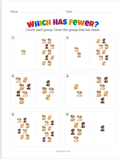Which has fewer · To 10 · Dogs · 6 questions worksheet