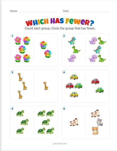 Which has fewer · To 5 · Mixed objects · 6 questions worksheet