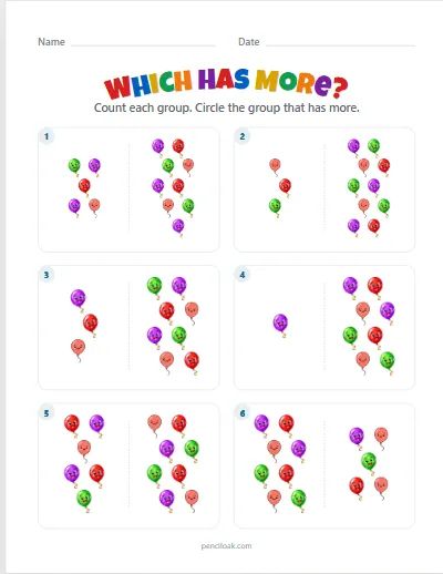 Which has more · To 10 · Balloons · 6 questions worksheet