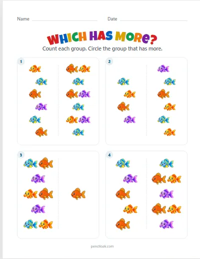 Which has more · To 10 · Fish · 4 questions worksheet