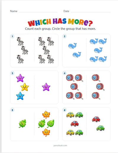 Which has more · To 5 · Mixed objects · 6 questions worksheet