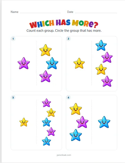 Which has more · To 5 · Stars · 4 questions worksheet