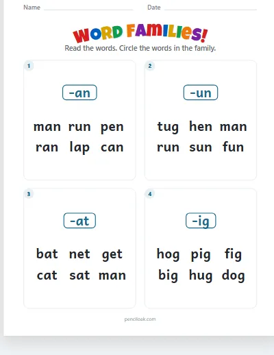 Word families · All 10 families · 4 questions · set 2 worksheet