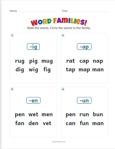 Word families · All 10 families · 4 questions worksheet