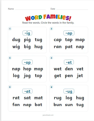 Word families · All 10 families · 6 questions worksheet