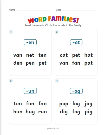 Word families · Mixed vowels · 4 questions worksheet
