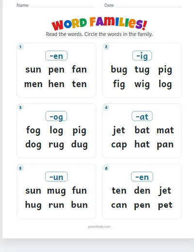 Word families · Mixed vowels · 6 questions · set 2 worksheet