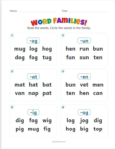 Word families · Mixed vowels · 6 questions worksheet