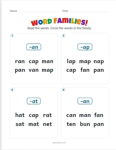 Word families · Short a · 4 questions · set 2 worksheet