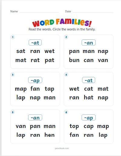 Word families · Short a · 6 questions · set 2 worksheet