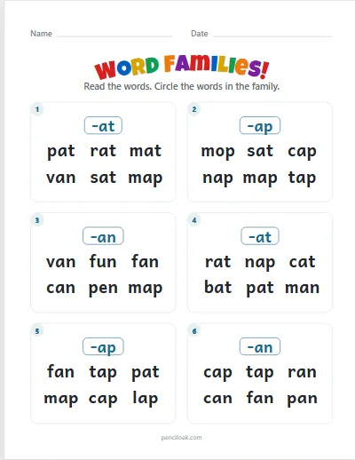 Word families · Short a · 6 questions worksheet