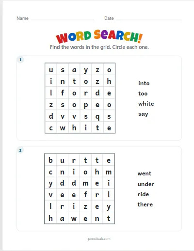 Word search · K sight words · 6 × 6 · 2 puzzles worksheet