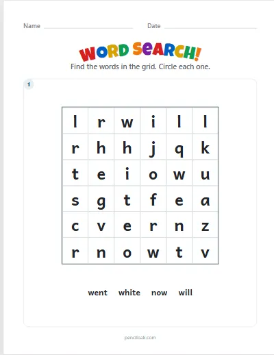 Word search · K sight words · 6 × 6 · 1 puzzle worksheet