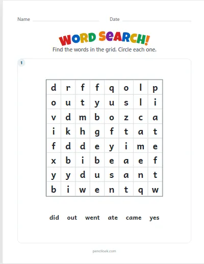 Word search · K sight words · 8 × 8 · 1 puzzle worksheet