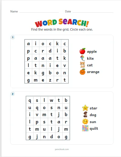 Word search · Picture words · 6 × 6 · 2 puzzles worksheet