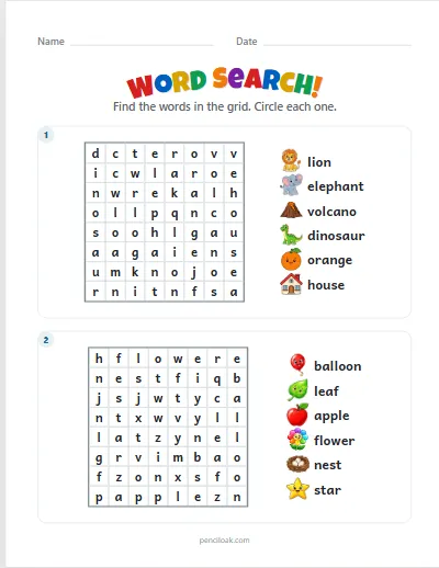 Word search · Picture words · 8 × 8 · 2 puzzles worksheet