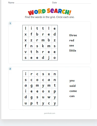 Word search · Pre-K sight words · 6 × 6 · 2 puzzles worksheet