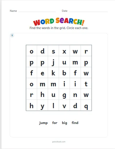 Word search · Pre-K sight words · 6 × 6 · 1 puzzle worksheet